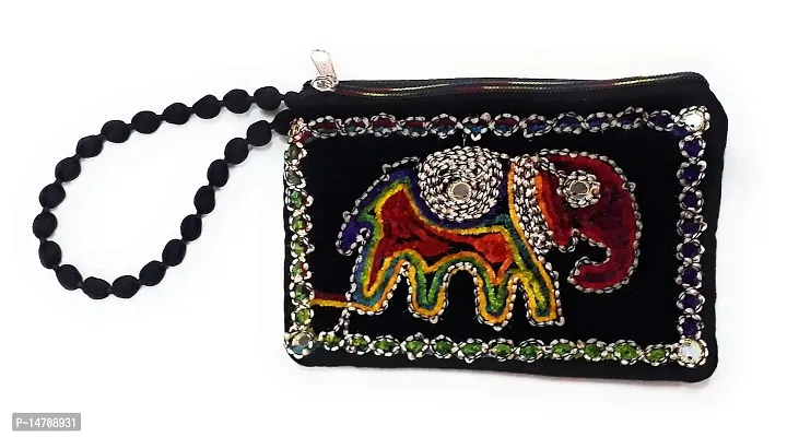 UNIQUE PRODUCT EMBROIDERED (Hand Made) Black Velvet Elephant Design Mobile Pouch/Purse For Girls/Women-thumb0
