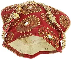 UNIQUE PRODUCT Trendy Mirror Cotton Potli Embroidered Zari Design Potli Bag with Pearls  Beads Drawstring (Maroon)-thumb2