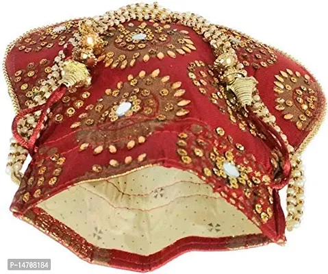 UNIQUE PRODUCT Trendy Mirror Cotton Potli Embroidered Zari Design Potli Bag with Pearls  Beads Drawstring (Maroon)-thumb3