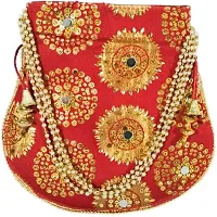 UNIQUE PRODUCT Trendy Mirror Cotton Potli Embroidered Zari Design Potli Bag with Pearls  Beads Drawstring (Maroon)-thumb1