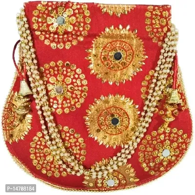 UNIQUE PRODUCT Trendy Mirror Cotton Potli Embroidered Zari Design Potli Bag with Pearls  Beads Drawstring (Maroon)-thumb2