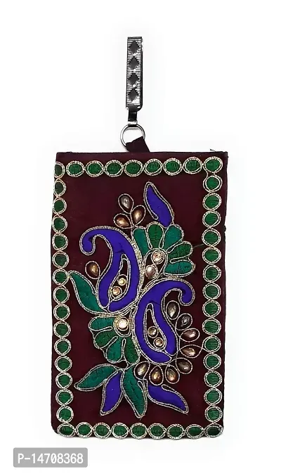 UNIQUE PRODUCT EMBROIDERED (Hand Made) Zari Design Maroon Multi-Color Mobile Pouch/Waist Clip For Girls/Women-thumb0