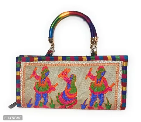 UNIQUE PRODUCT EMBROIDERED (Hand Made) Beige Dandiya Design Multi-Color Handle Clutch