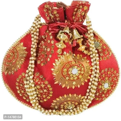 UNIQUE PRODUCT Trendy Mirror Cotton Potli Embroidered Zari Design Potli Bag with Pearls  Beads Drawstring (Maroon)-thumb0