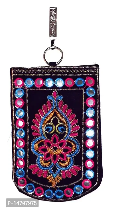 UNIQUE PRODUCT Women's Velvet Embroidered Mirror Design Raw Silk Saree Clutch with Waist Clip (Purple)-thumb0