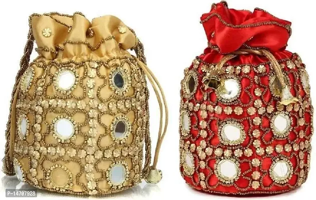 UNIQUE PRODUCT Women's Mirror Gotta Potli Embroidered Zari Design Potli Bag with Pearls  Beads Drawstring combo of red  Gold