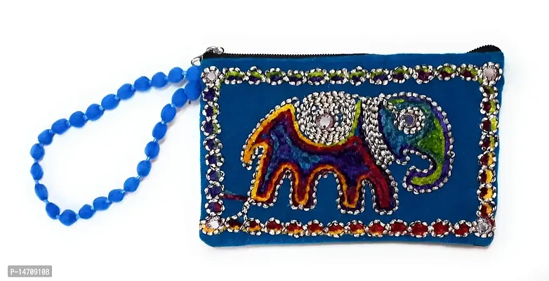 UNIQUE PRODUCT EMBROIDERED (Hand Made) Blue Velvet Elephant Design Mobile Pouch/Purse For Girls/Women