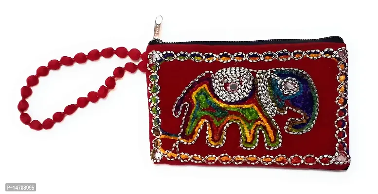 UNIQUE PRODUCT EMBROIDERED (Hand Made) Red Velvet Elephant Design Mobile Pouch/Purse For Girls/Women-thumb0