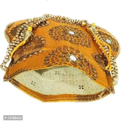 UNIQUE PRODUCT Trendy Mirror Cotton Potli Embroidered Zari Design Potli Bag with Pearls  Beads Drawstring (Yellow)-thumb3
