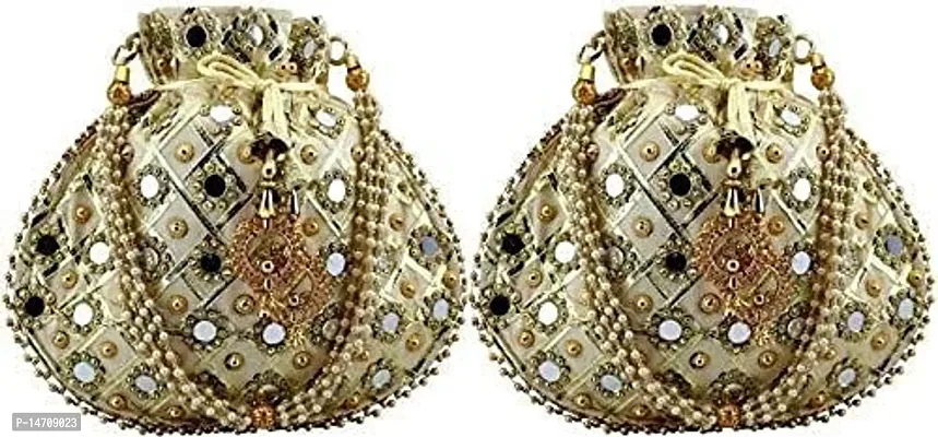 UNIQUE PRODUCT GOTTA MIRROR GOLD POTLI Women's Mirror Gotta Potli Embroidered Zari Design Potli Bag with Pearls  Beads Drawstring (PACK OF 2)