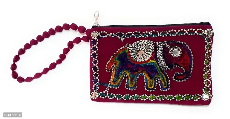 UNIQUE PRODUCT EMBROIDERED (Hand Made) Pink Velvet Elephant Design Mobile Pouch/Purse For Girls/Women-thumb0