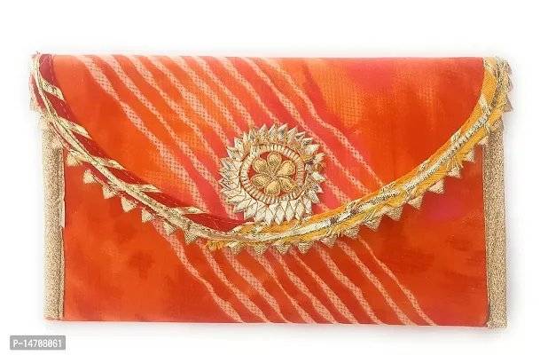 Unique Fashion Leheriya Clutch With Gotta Patti Design For Women (orange)-thumb0