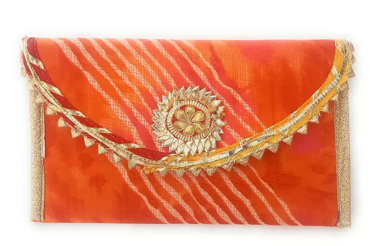 Unique Fashion Leheriya Clutch With Gotta Patti Design For Women (orange)