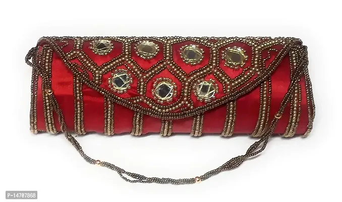 UNIQUE PRODUCT Red Multi-Color Bengle Design Mirror Clutch For Girls/Womens