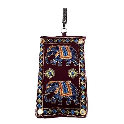 UNIQUE PRODUCT Women's Velvet Maroon Embroidered Mirror Design Raw Silk Saree Clutch/Mobile Pouch with Waist Clip