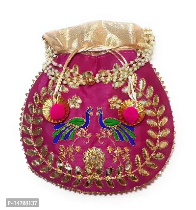 UNIQUE PRODUCT Women's Embroidered Peacock Design Gotta Patti Pearls Drawstring Potli Bag (Pink)-thumb0
