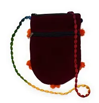 UNIQUE PRODUCT EMBROIDERED Women's (Hand Made) Mirror Design Maroon Velvet Sling Bag with Pom-Pom-thumb1