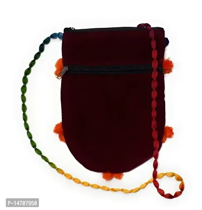UNIQUE PRODUCT EMBROIDERED Women's (Hand Made) Mirror Design Maroon Velvet Sling Bag with Pom-Pom-thumb2