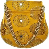 UNIQUE PRODUCT Trendy Mirror Cotton Potli Embroidered Zari Design Potli Bag with Pearls  Beads Drawstring (Yellow)-thumb1