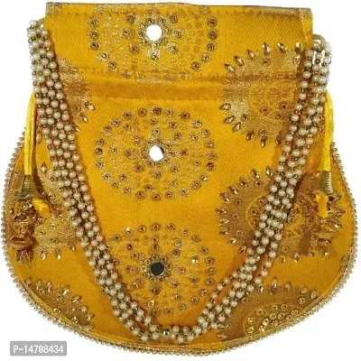 UNIQUE PRODUCT Trendy Mirror Cotton Potli Embroidered Zari Design Potli Bag with Pearls  Beads Drawstring (Yellow)-thumb2