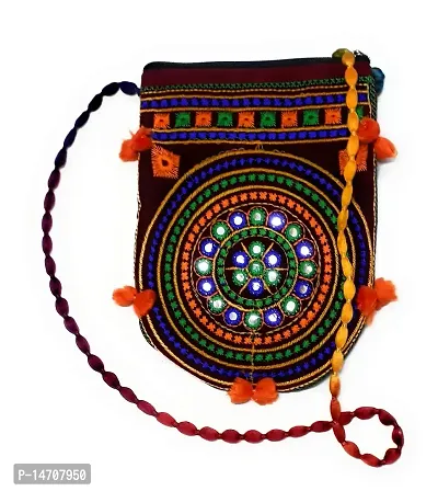 UNIQUE PRODUCT EMBROIDERED Women's (Hand Made) Mirror Design Maroon Velvet Sling Bag with Pom-Pom-thumb0