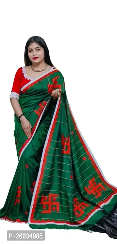 Elegant Green Printed Poly Silk Saree with Blouse piece For Women-thumb0