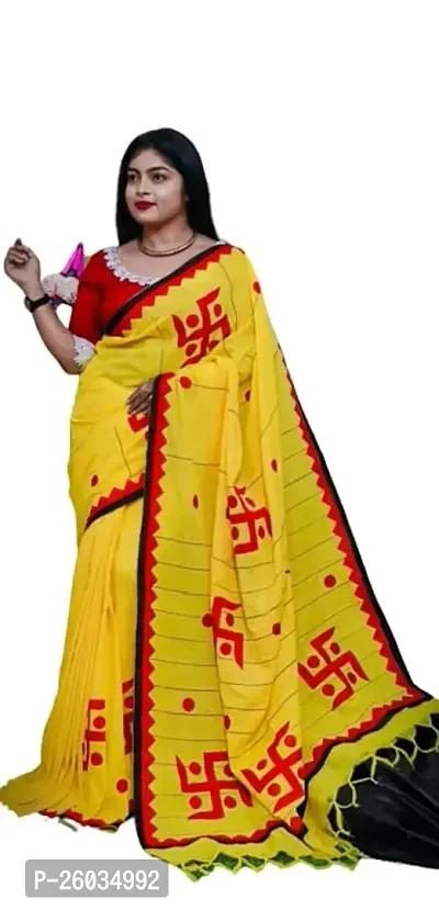 Elegant Yellow Printed Poly Silk Saree with Blouse piece For Women-thumb0