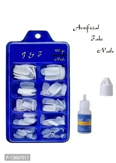 Artificial Nails Set Of 100 Pcs Artificial Nails With Nail Glue White-thumb0