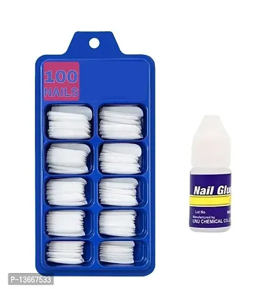 Artificial Nails Set Of 100 Pcs Artificial Nails With Nail Glue White-thumb0