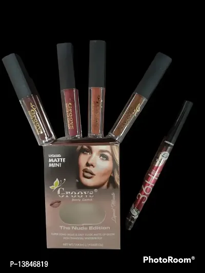 Groovs Mini Lipsticks Combo Pack of 4 Shades Liquid Matte Lipstick Set, Nude Edition + 36 H Pencil Eyeliner