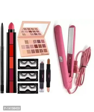 Nude Eyeshadow + 3pcs Eye Lashes + Kajal + Straightener + Contour + Red 5-in-1 Lipstick Makeup Combo Set-thumb0