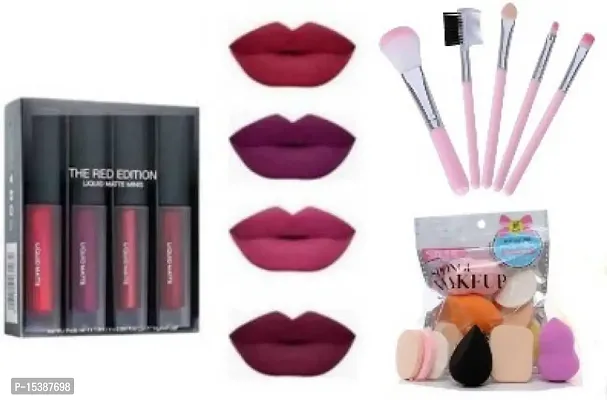 Professional Lipsticks Red Edition + 5Pcs Makeup Brushes + Beauty Puff Pack