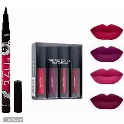 RED MATTE LIPSTICK PACK OF 4 with 36h eyeliner black color-thumb0