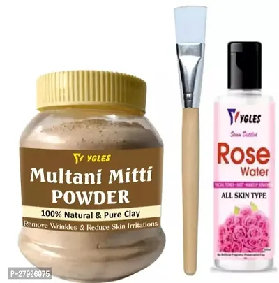 Face Pack Natural Mitti Powder For Face Pack And Hair Pack (300g)+YGLES ROSE WATER (200ML)+FACE PACK BRUSH