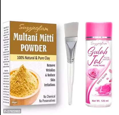multani mitti (200gm) pure and natural gulab jal (120ml) face pack brush (1pc)-thumb0