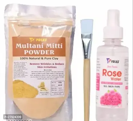 multani Mitti Powder 100% Natural for Skin Care (200g), Rose Water (200ml), Brush