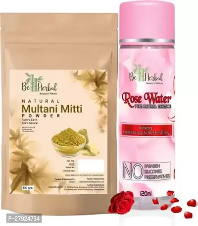 Pure Natural Multani mitti powder 200gm+Rose water 120ml combo Face  Skin Glow  (320 g)