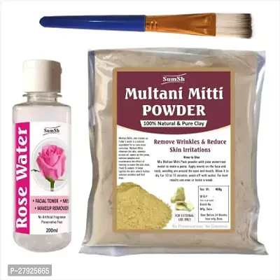 Natural Multani Mitti Powder For Face Pack And Hair Pack (400g), Rose Water 200ml and Brush  (3 Items in the set)