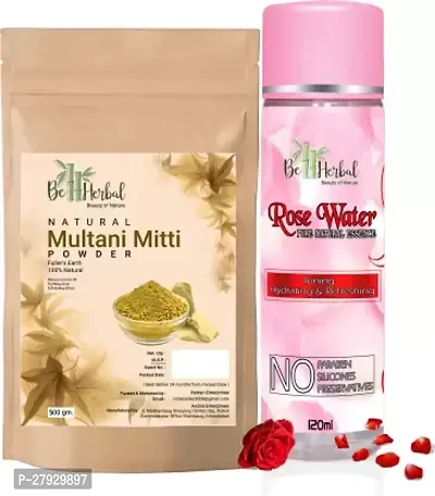 Pure Natural Multani mitti powder 200g +Rose water 120ml combo Face  Skin Glow-thumb0