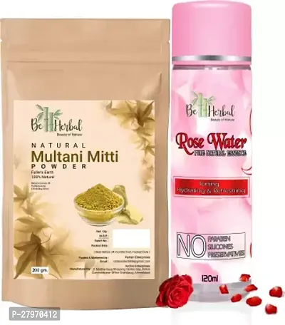 Pure Natural Multani mitti powder 200gm+Rose water 120ml combo Face  Skin Glow  (320 g)-thumb0