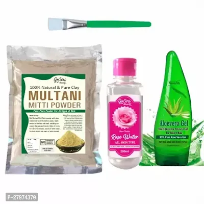 Multani Mitti Powder (200G) Face Pack Hair, Bentonite Clay, Rose Water (120Ml), Aloevera Gel And Brush 4 Items