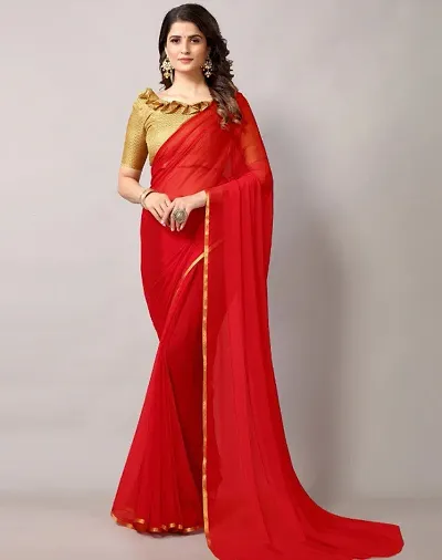 Chiffon Soild Lace Border Sarees with Brocade Blouse Piece