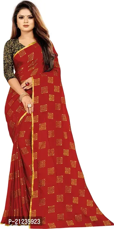 Alluring Red Chiffon Printed Bollywood Saree with Blouse piece-thumb0