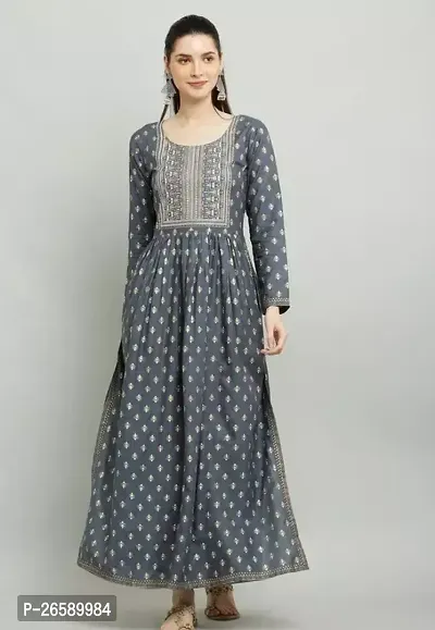 Stylish Grey Rayon Embroidered Maxi Dress For Women
