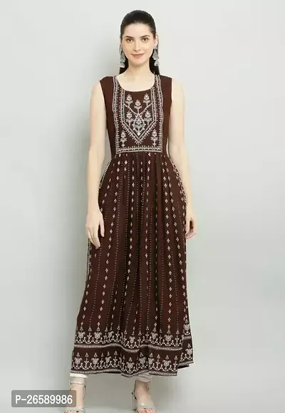 Stylish Coffee Rayon Embroidered Maxi Dress For Women