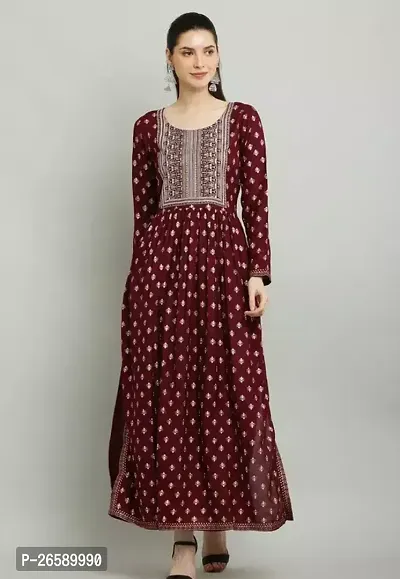 Stylish Maroon Rayon Embroidered Maxi Dress For Women