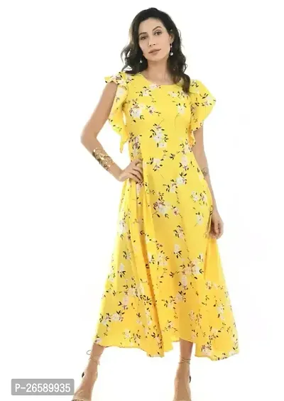 Stylish Yellow Rayon Printed A-Line Dress For Women