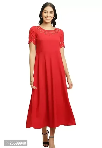 Stylish Red Crepe Solid A-Line Dress For Women