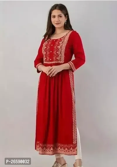 Stylish Red Rayon Embroidered Maxi Dress For Women
