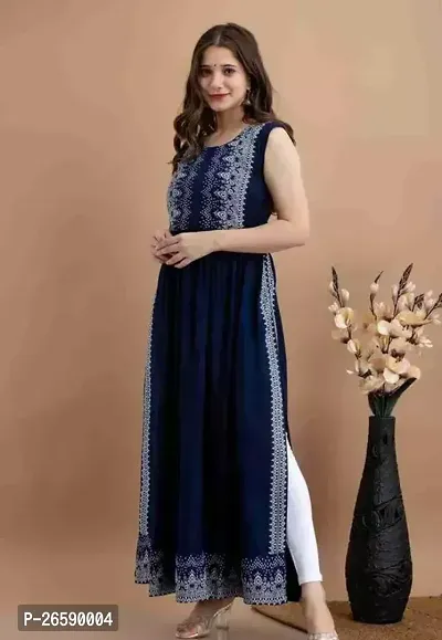 Stylish Navy Blue Rayon Embroidered Maxi Dress For Women-thumb0